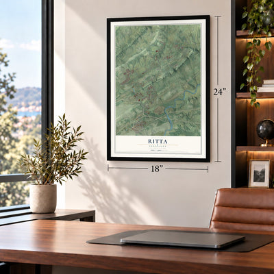 Ritta, Tennessee map, 18 x 24 inch print in a black frame in a home office