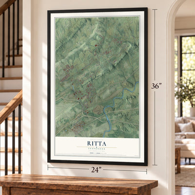 Ritta, Tennessee map, 24 x 36 inch print in a black frame by a staircase
