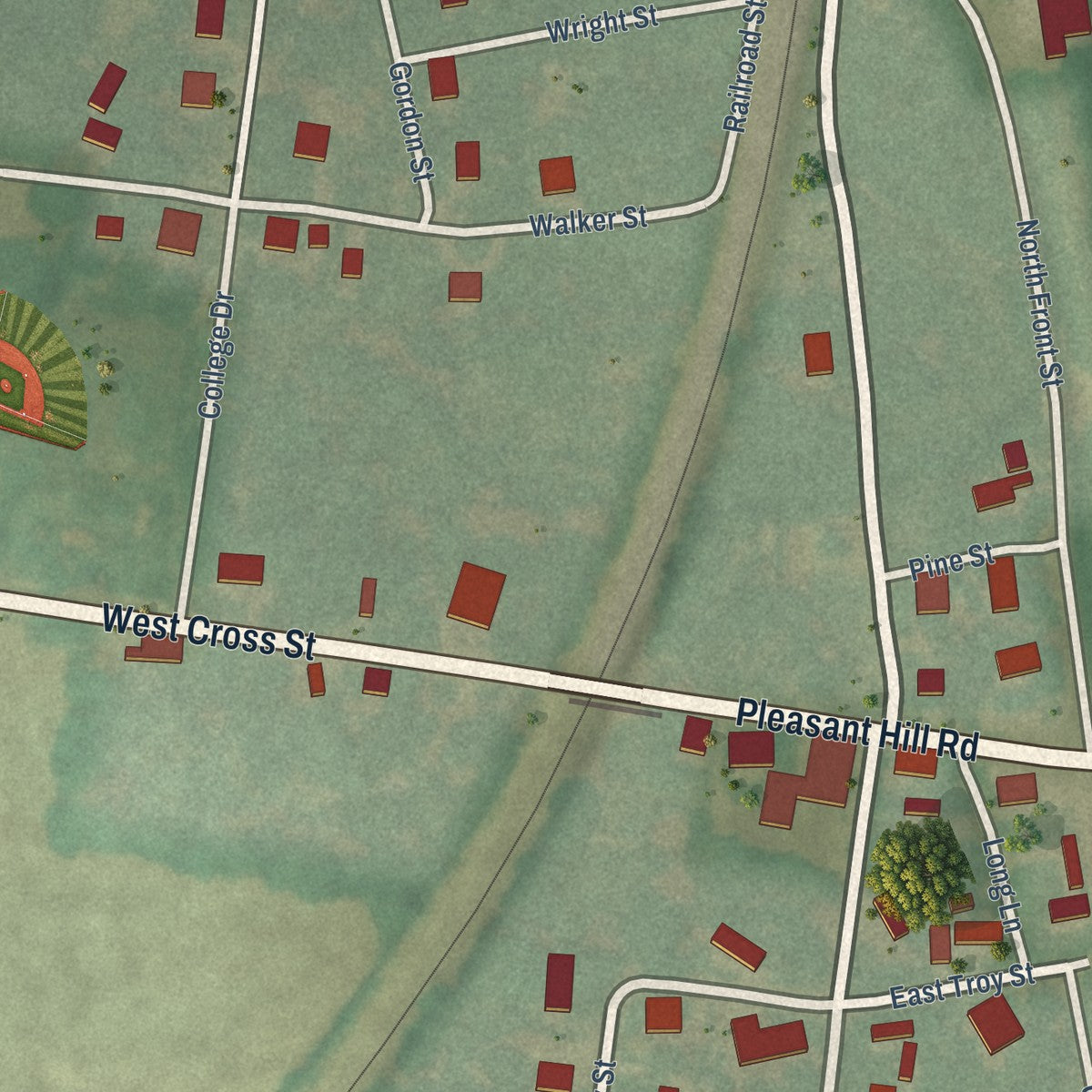 Close-up of the map of Rives, Tennessee print showing street and building detail