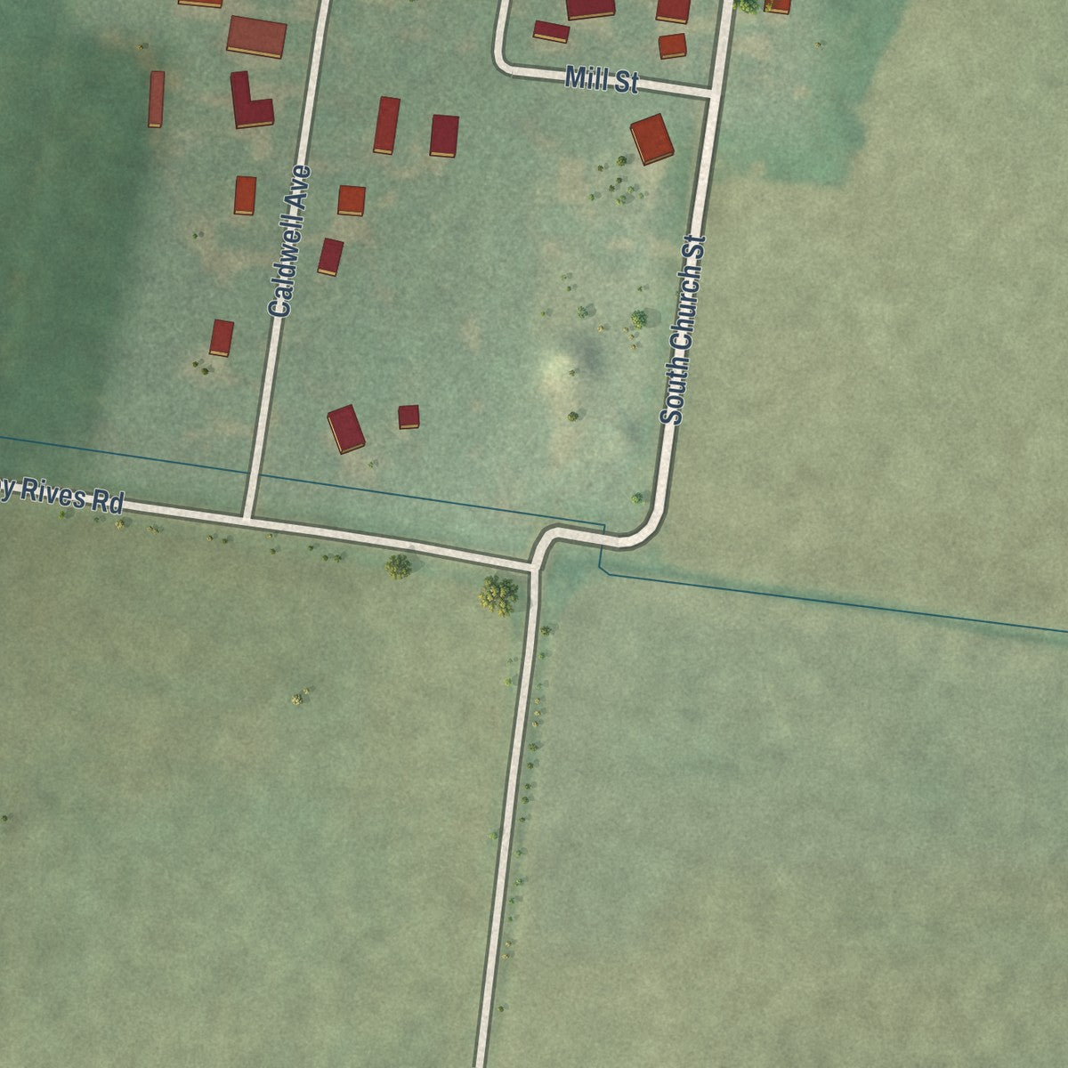 Second close-up of the map of Rives, Tennessee print showing more streets and buildings