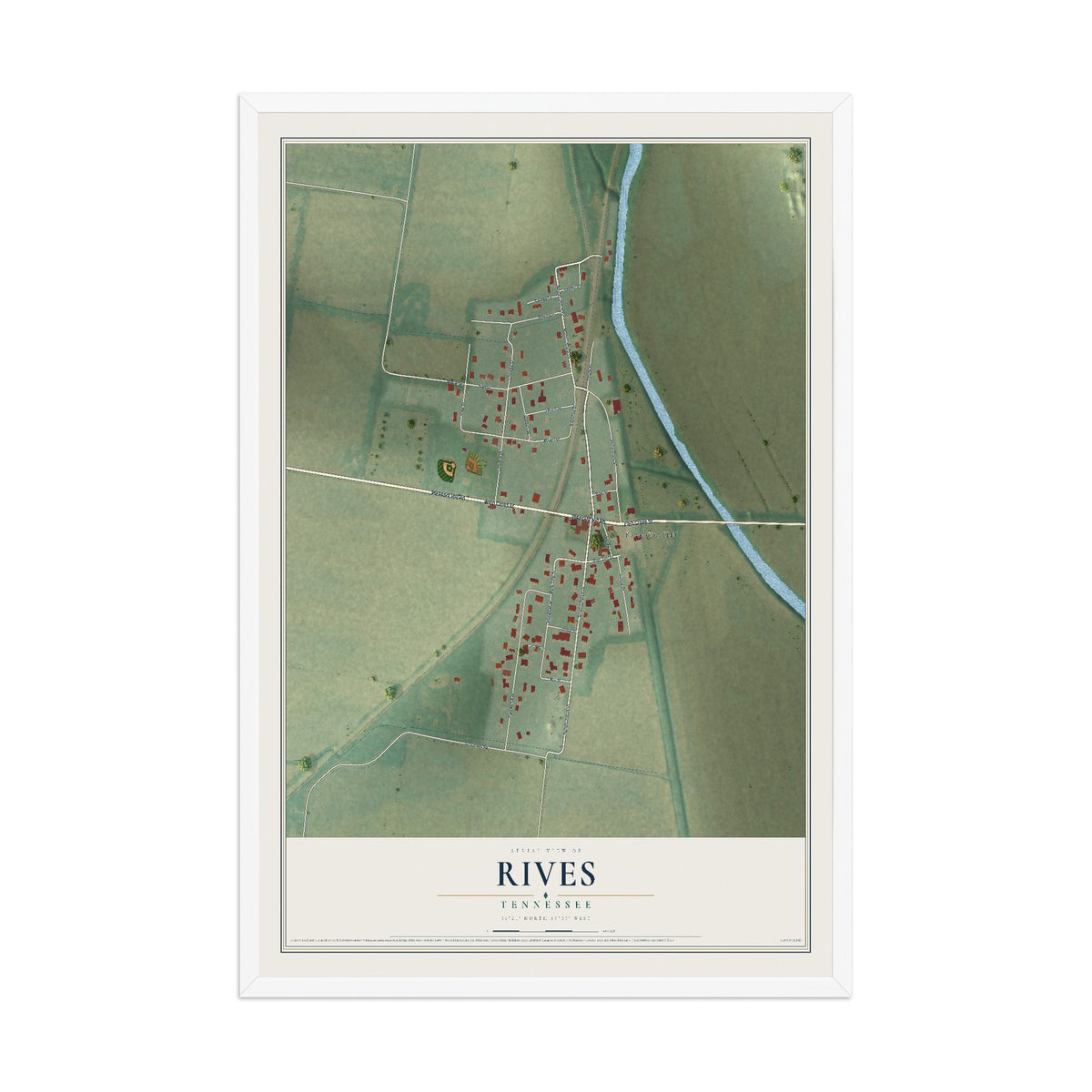 Map of Rives, Tennessee, 12 x 18 inch print in a white wood frame