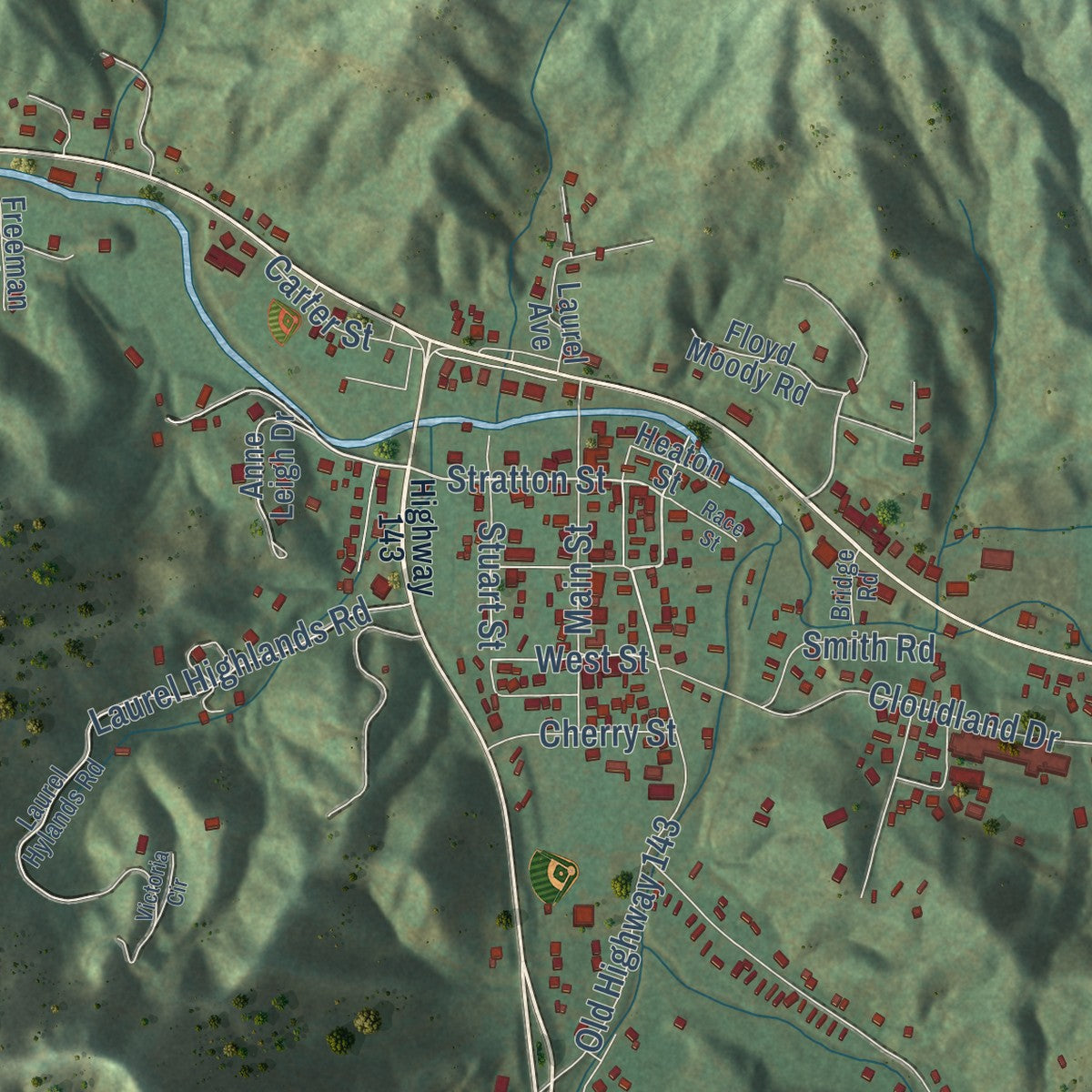 Second close-up of the map of Roan Mountain, Tennessee print showing more streets and buildings