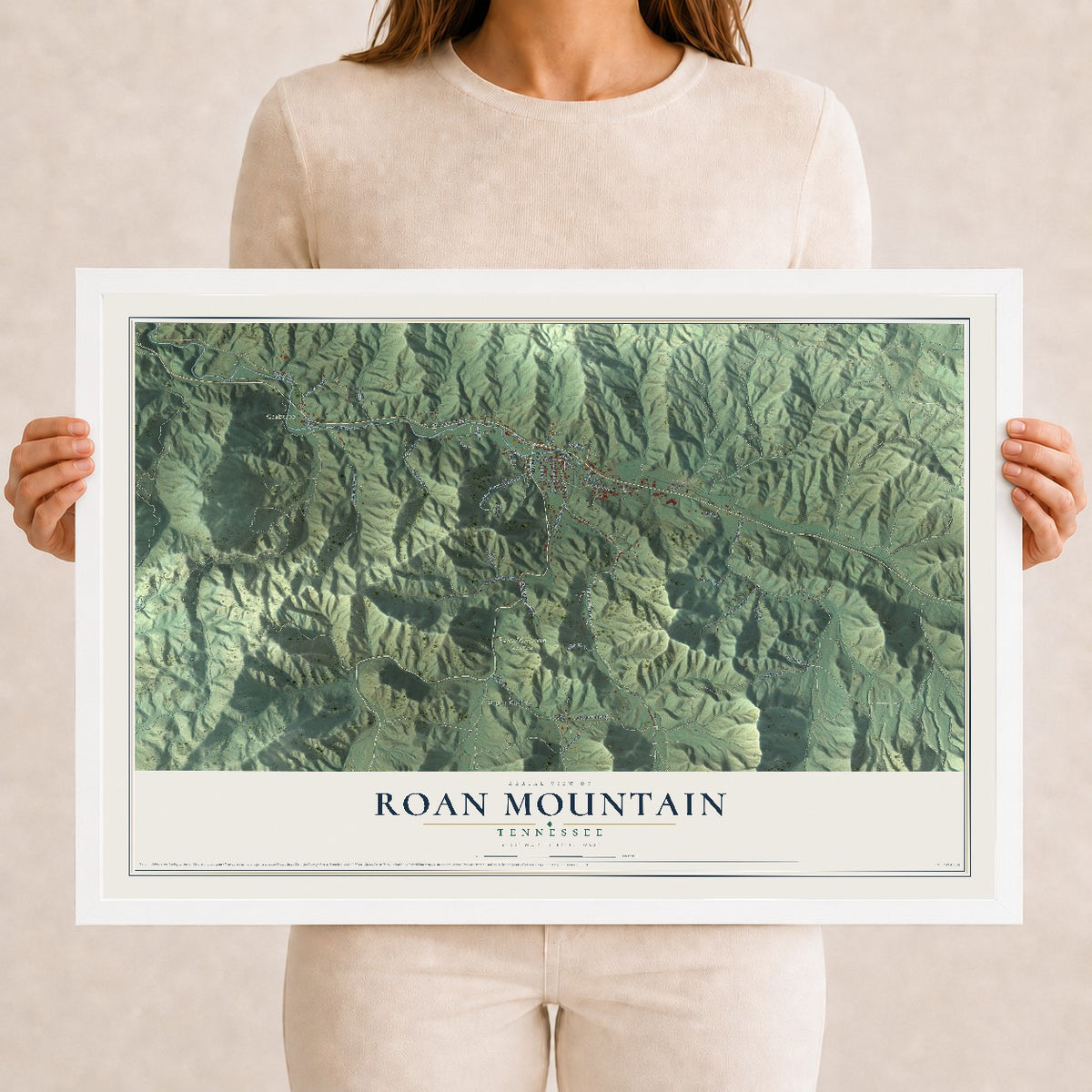 Map of Roan Mountain, Tennessee, 12 x 18 inch print in a white wood frame
