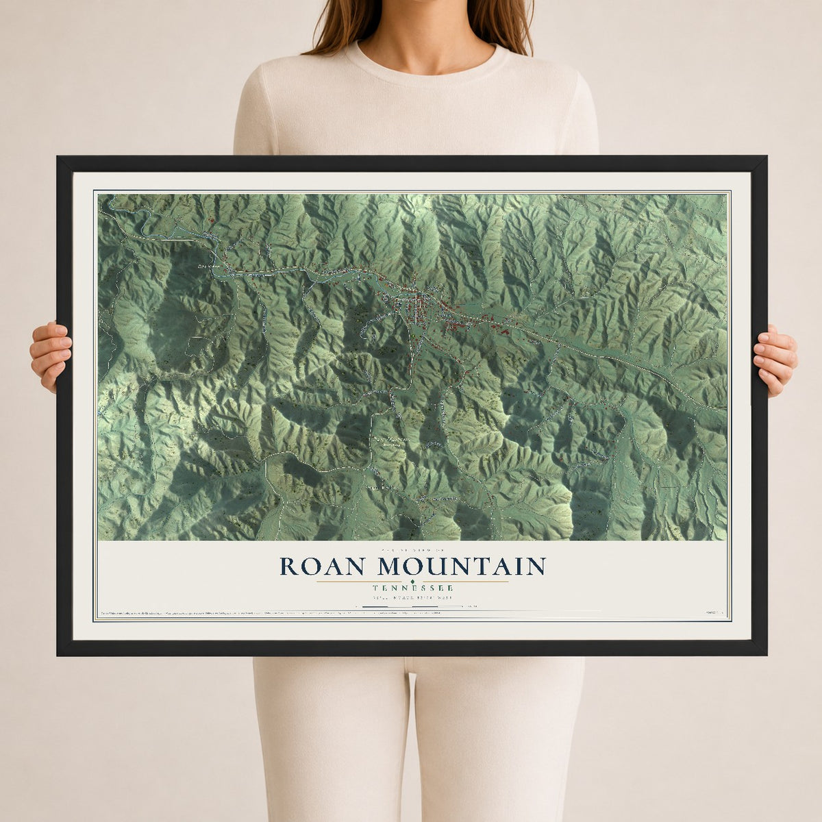 Map of Roan Mountain, Tennessee, 24 x 36 inch print in a black wood frame