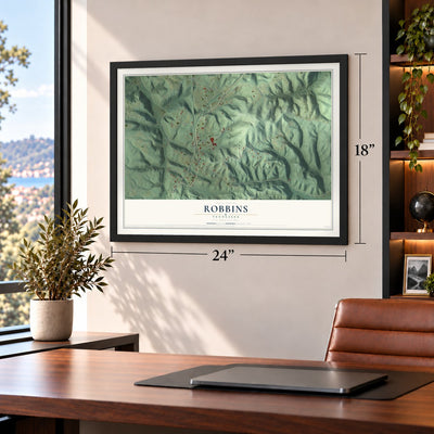 Robbins, Tennessee map, 18 x 24 inch print in a black frame in a home office