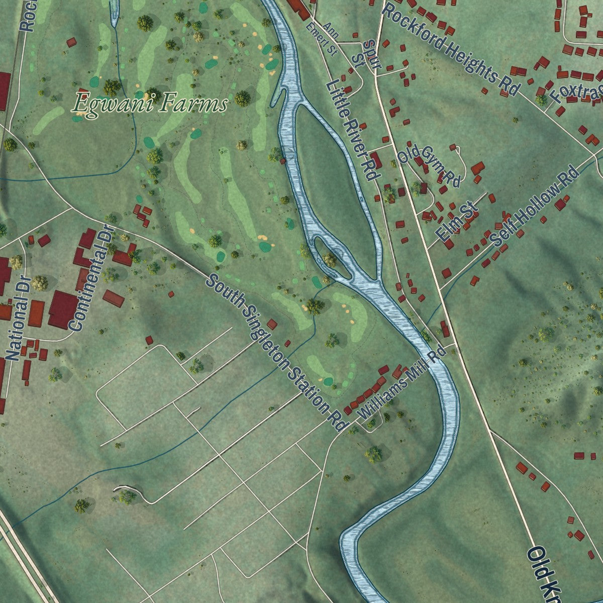 Second close-up of the map of Rockford, Tennessee print showing more streets and buildings