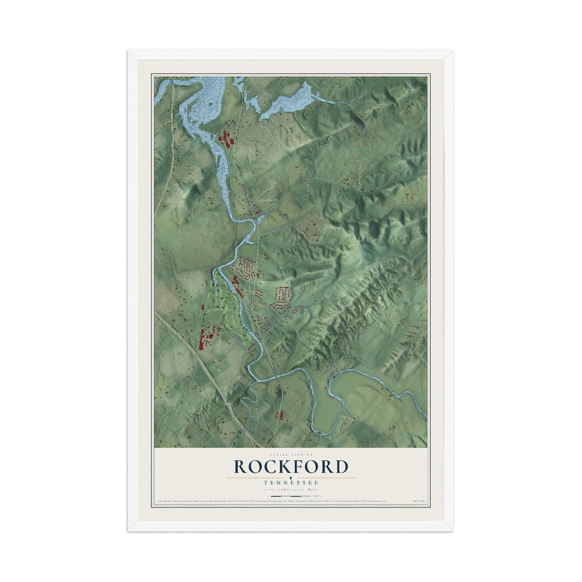 Map of Rockford, Tennessee, 12 x 18 inch print in a white wood frame