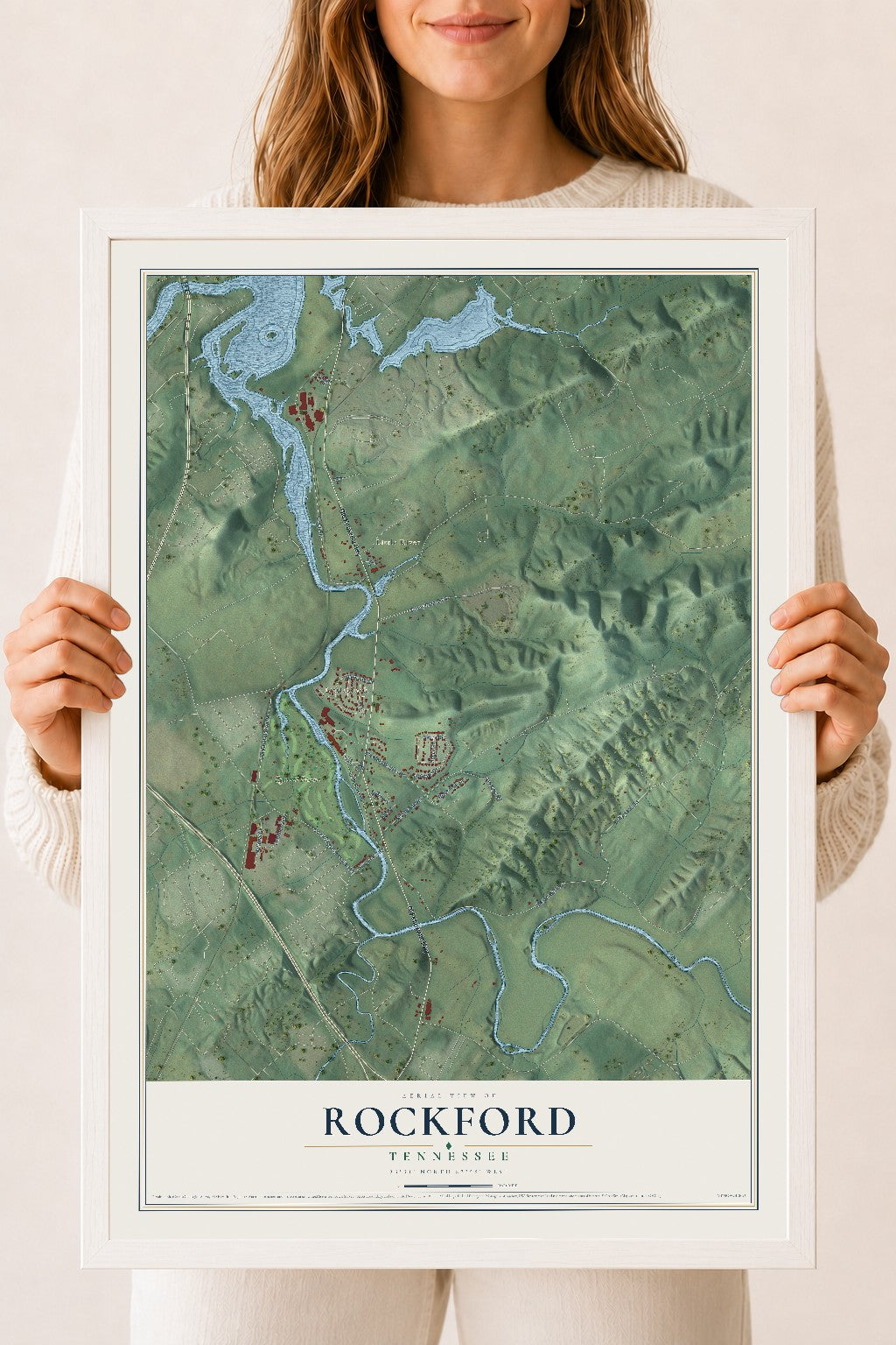 Map of Rockford, Tennessee, 18 x 24 inch print in a white wood frame