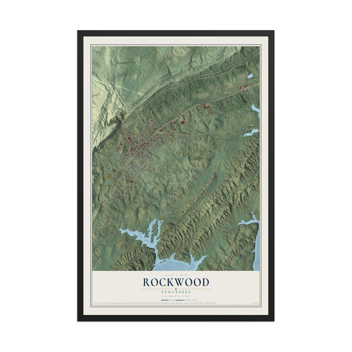 Map of Rockwood, Tennessee, 12 x 18 inch print in a black wood frame