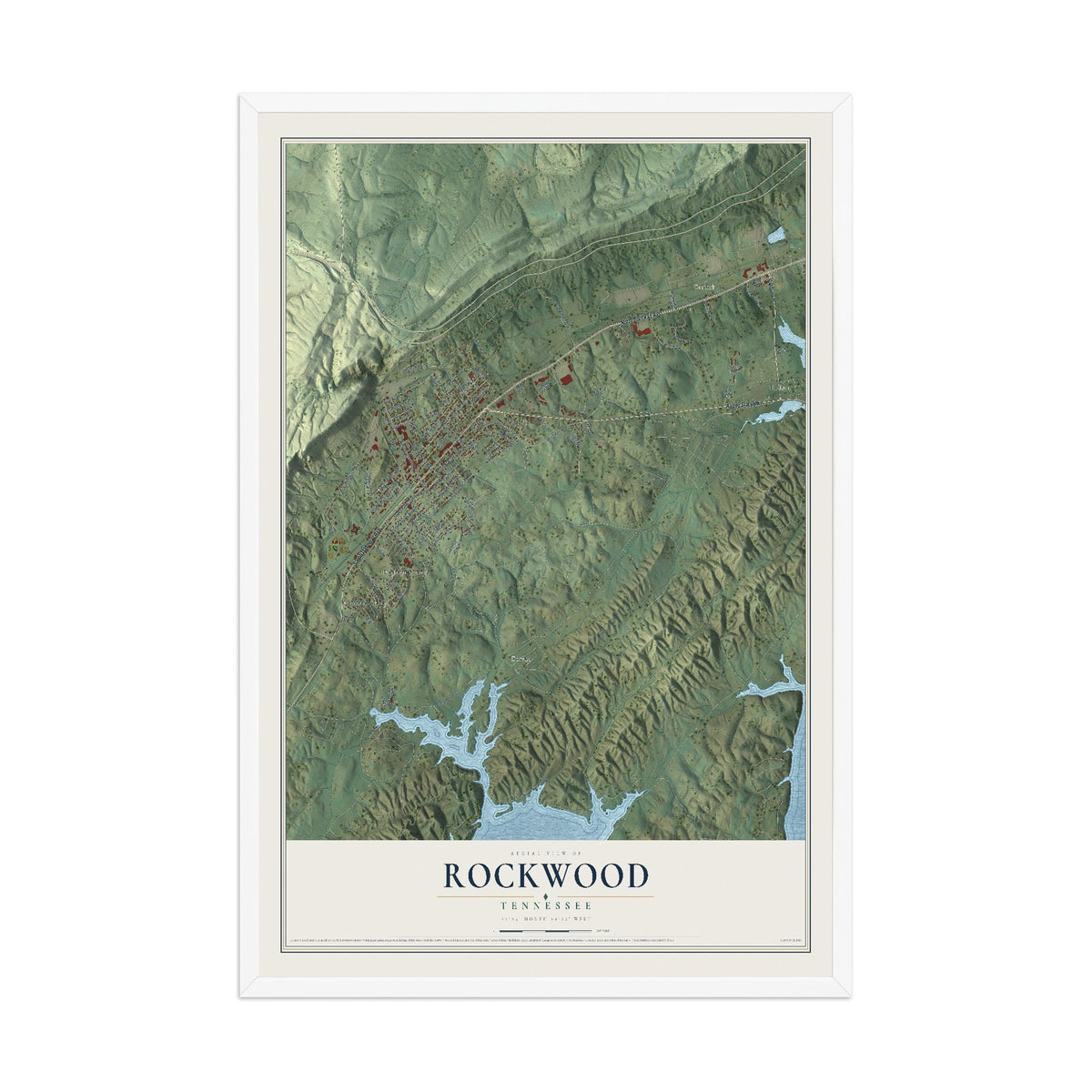 Map of Rockwood, Tennessee, 12 x 18 inch print in a white wood frame