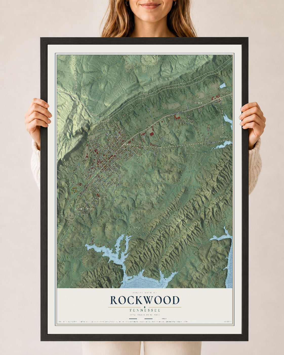 Map of Rockwood, Tennessee, 24 x 36 inch print in a black wood frame