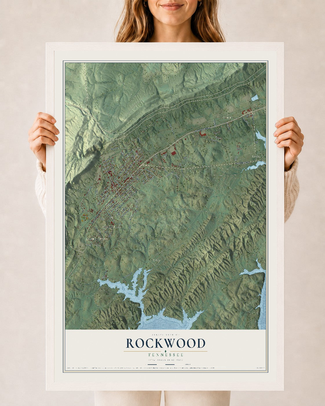 Map of Rockwood, Tennessee, 24 x 36 inch print in a white wood frame