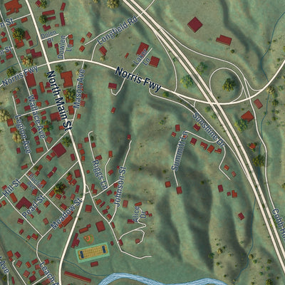 Close-up of the map of Rocky Top, Tennessee print showing street and building detail