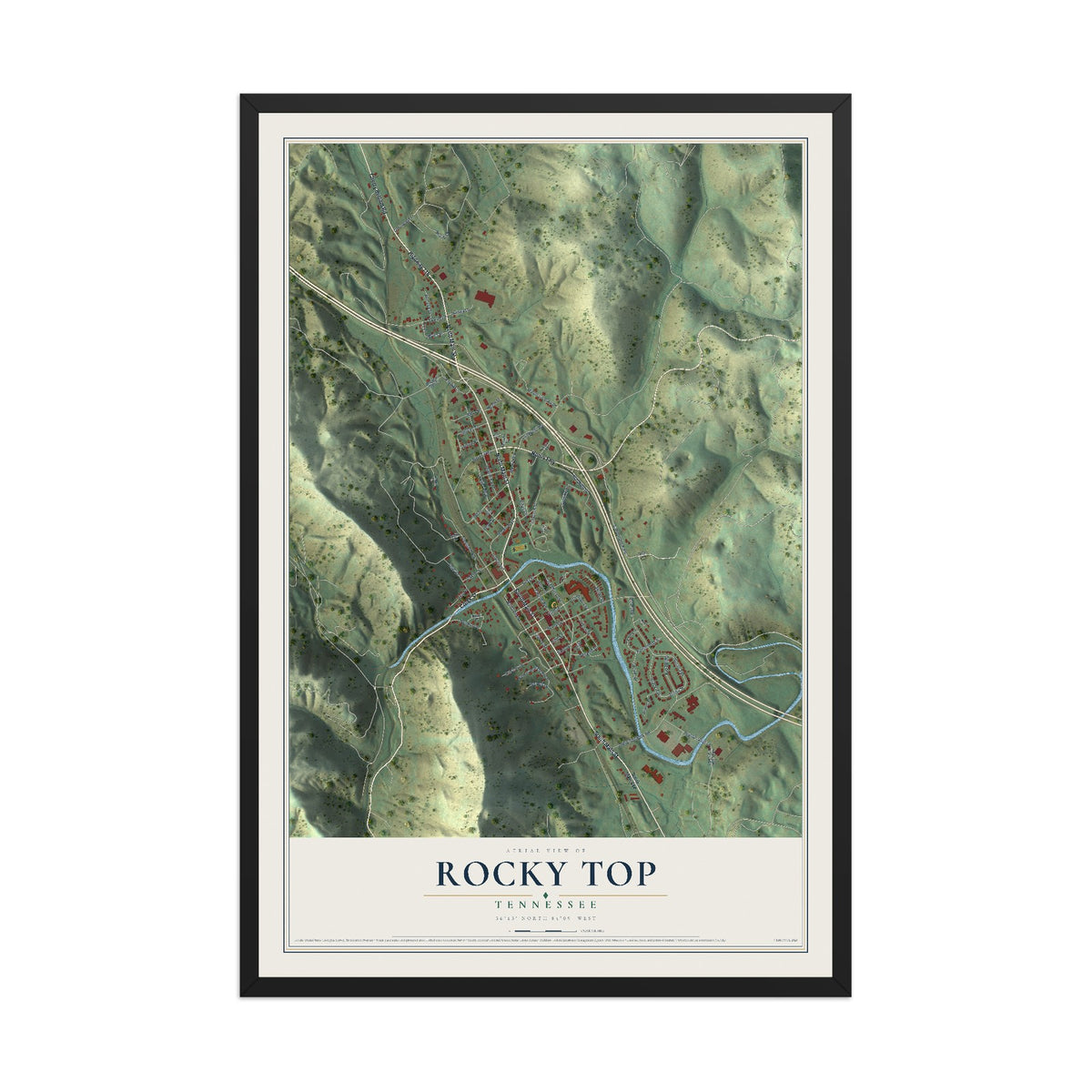 Map of Rocky Top, Tennessee, 12 x 18 inch print in a black wood frame