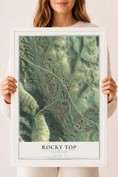 Map of Rocky Top, Tennessee, 18 x 24 inch print in a white wood frame