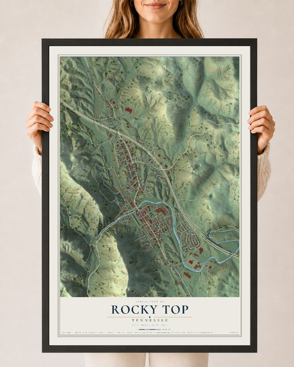 Map of Rocky Top, Tennessee, 24 x 36 inch print in a black wood frame