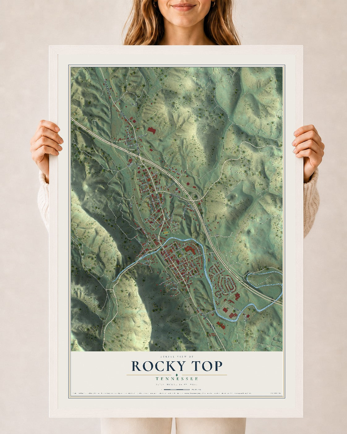Map of Rocky Top, Tennessee, 24 x 36 inch print in a white wood frame