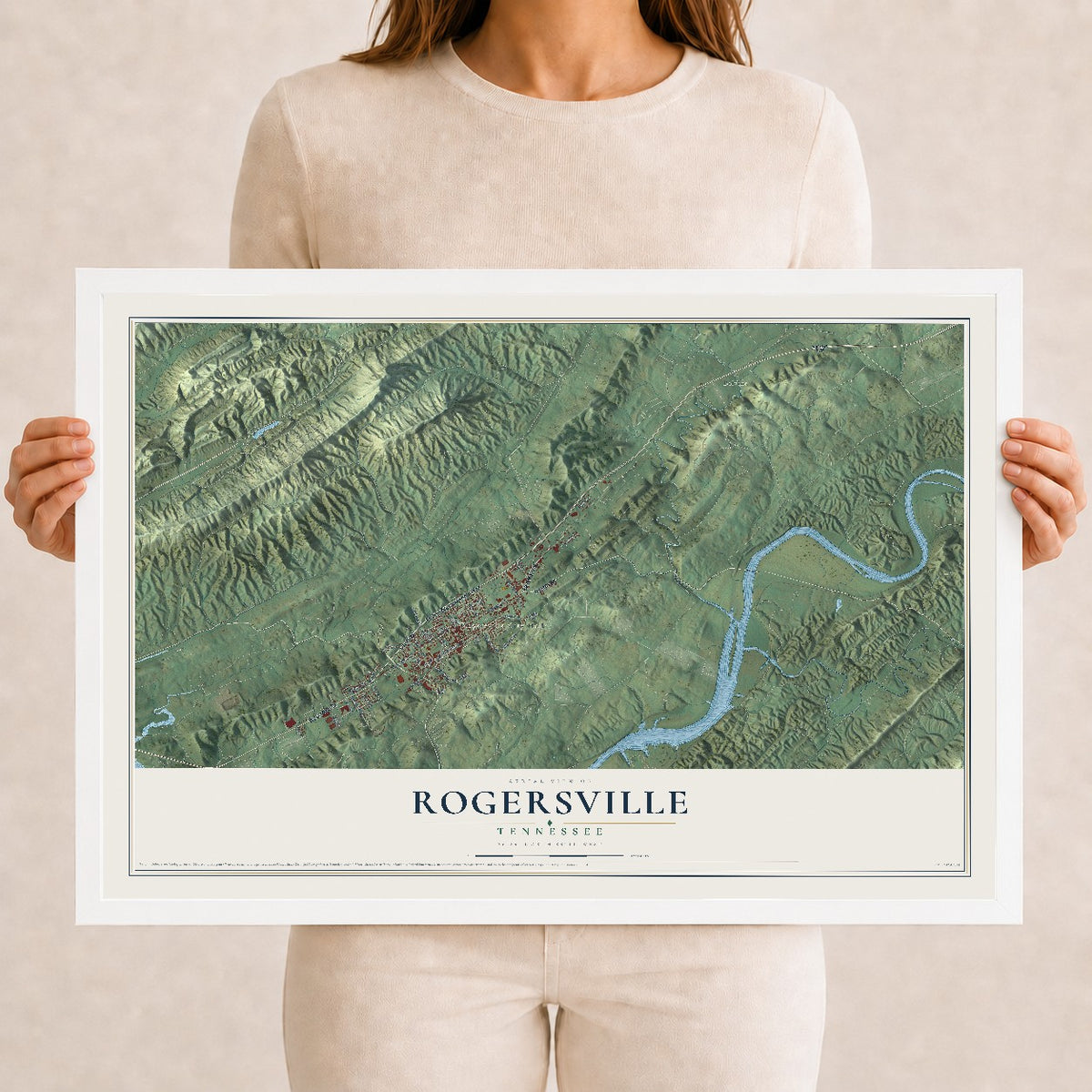 Map of Rogersville, Tennessee, 12 x 18 inch print in a white wood frame