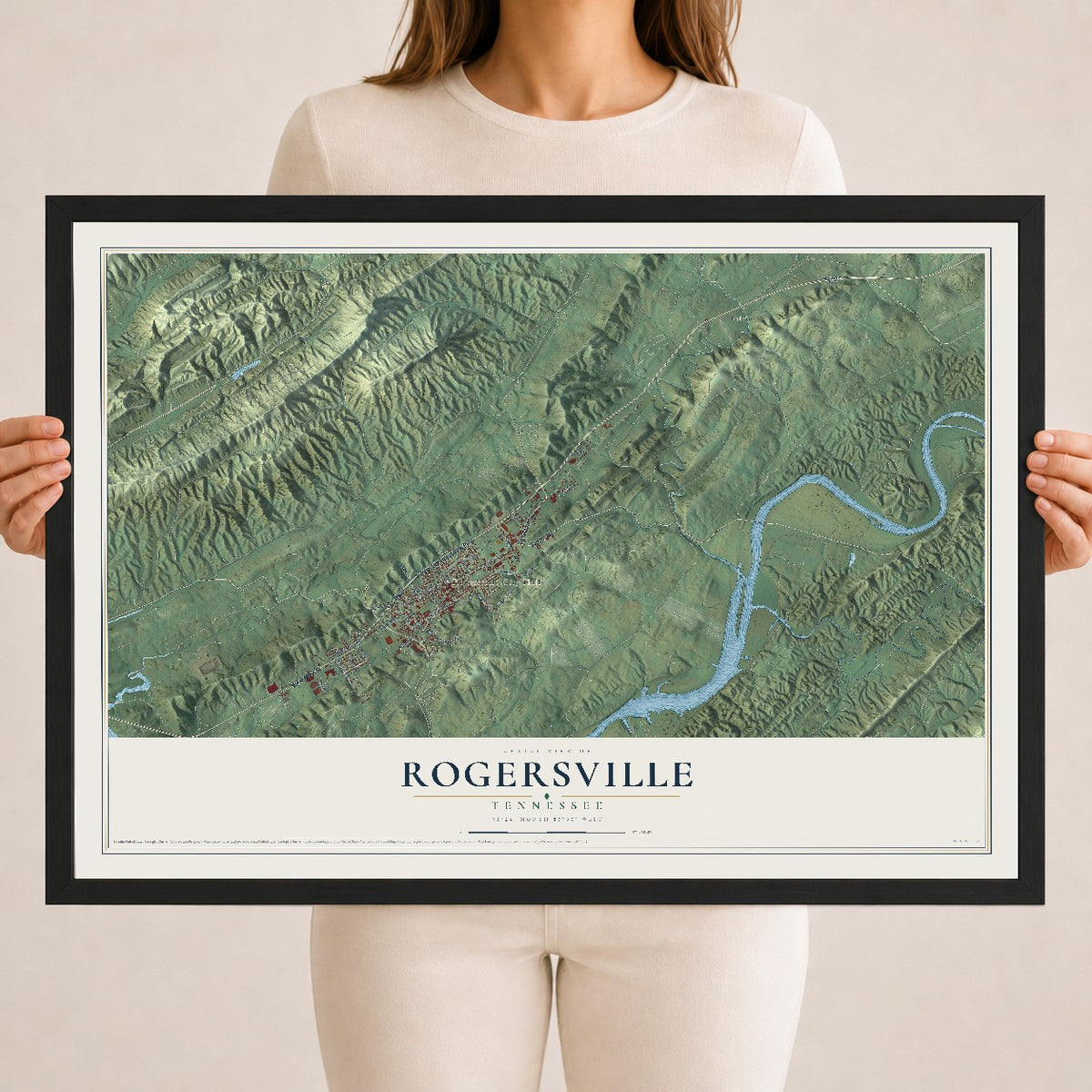 Map of Rogersville, Tennessee, 18 x 24 inch print in a black wood frame