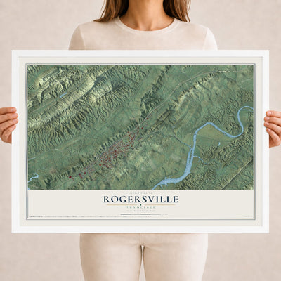 Map of Rogersville, Tennessee, 18 x 24 inch print in a white wood frame