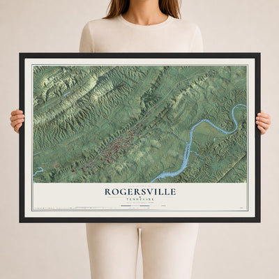 Map of Rogersville, Tennessee, 24 x 36 inch print in a black wood frame