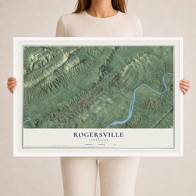 Map of Rogersville, Tennessee, 24 x 36 inch print in a white wood frame