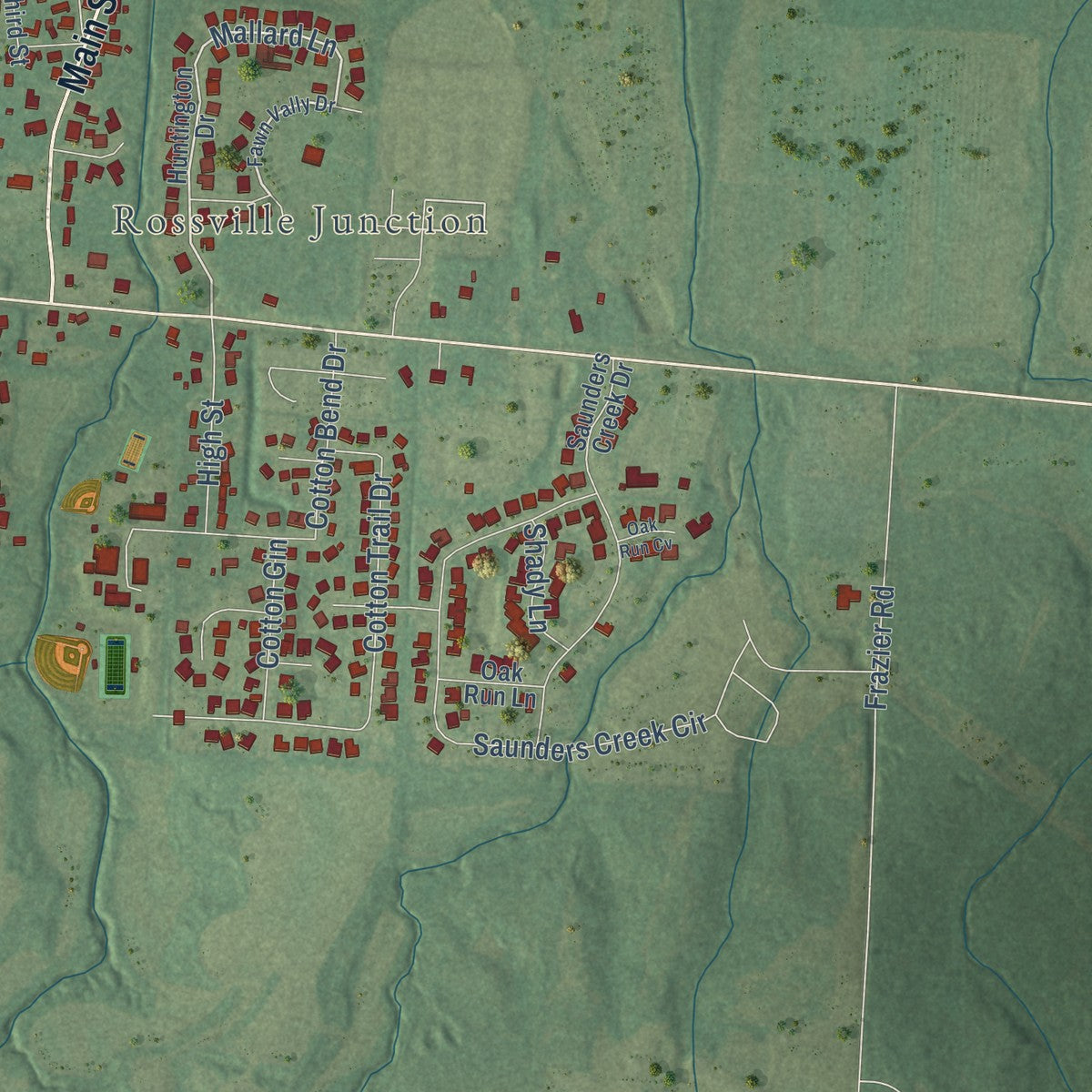 Close-up of the map of Rossville, Tennessee print showing street and building detail