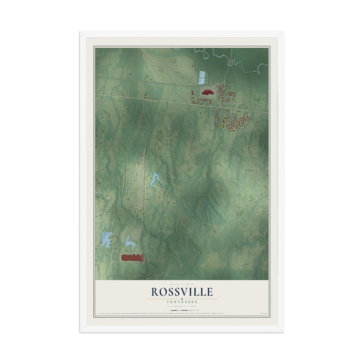 Map of Rossville, Tennessee, 12 x 18 inch print in a white wood frame