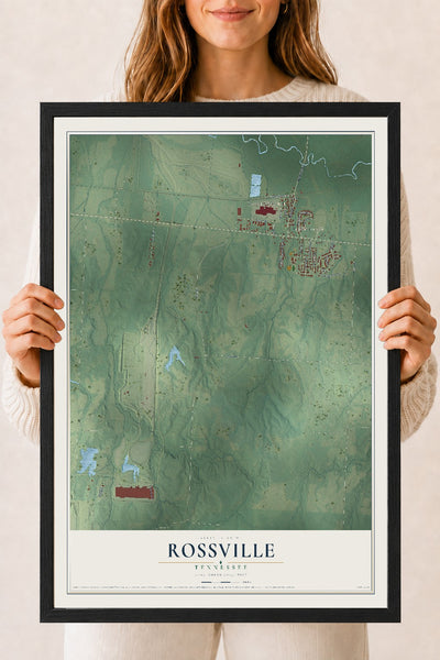 Map of Rossville, Tennessee, 18 x 24 inch print in a black wood frame