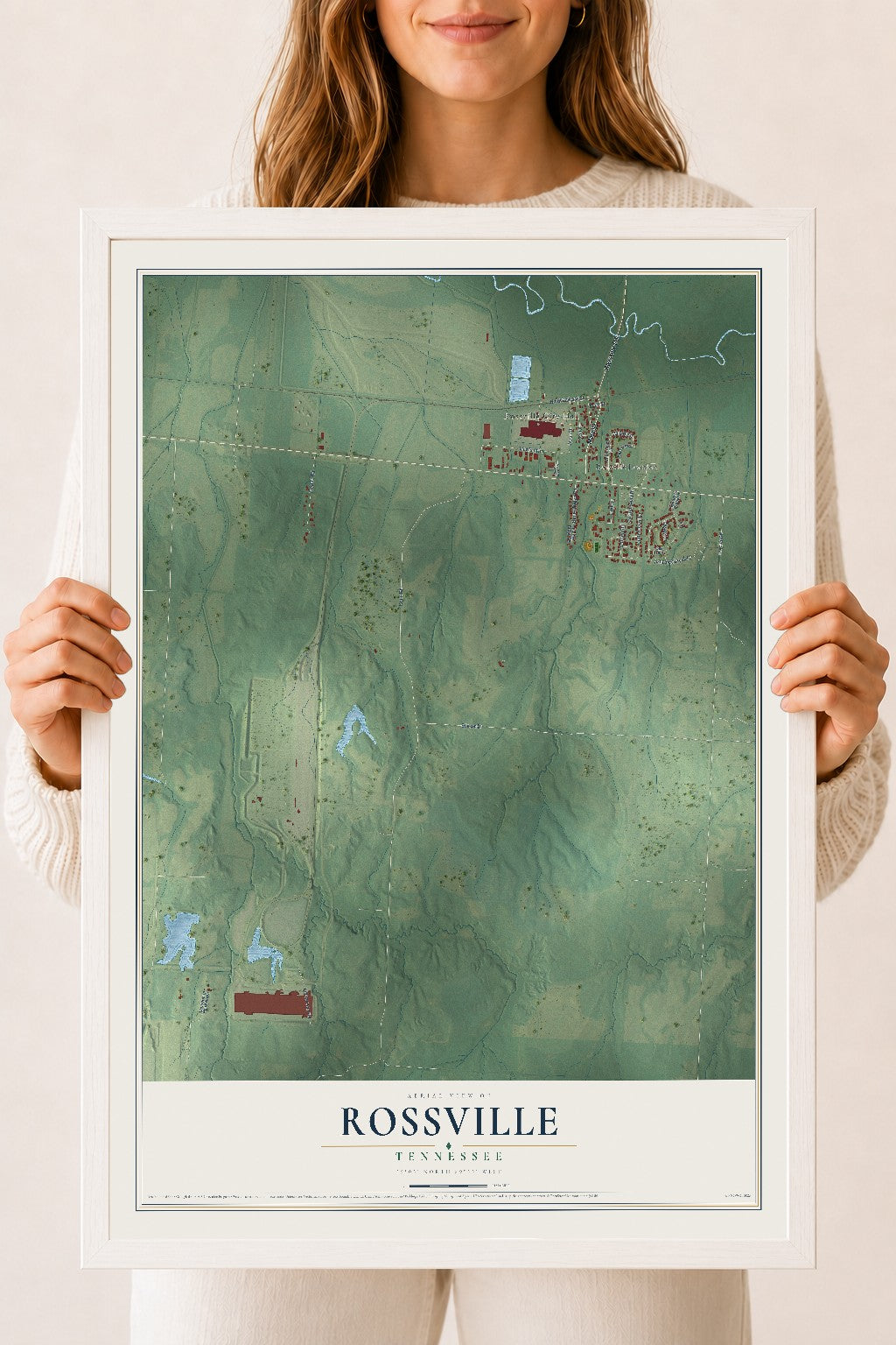 Map of Rossville, Tennessee, 18 x 24 inch print in a white wood frame