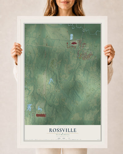 Map of Rossville, Tennessee, 24 x 36 inch print in a white wood frame
