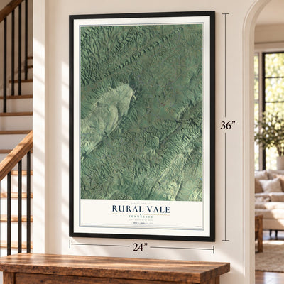 Rural Vale, Tennessee map, 24 x 36 inch print in a black frame by a staircase