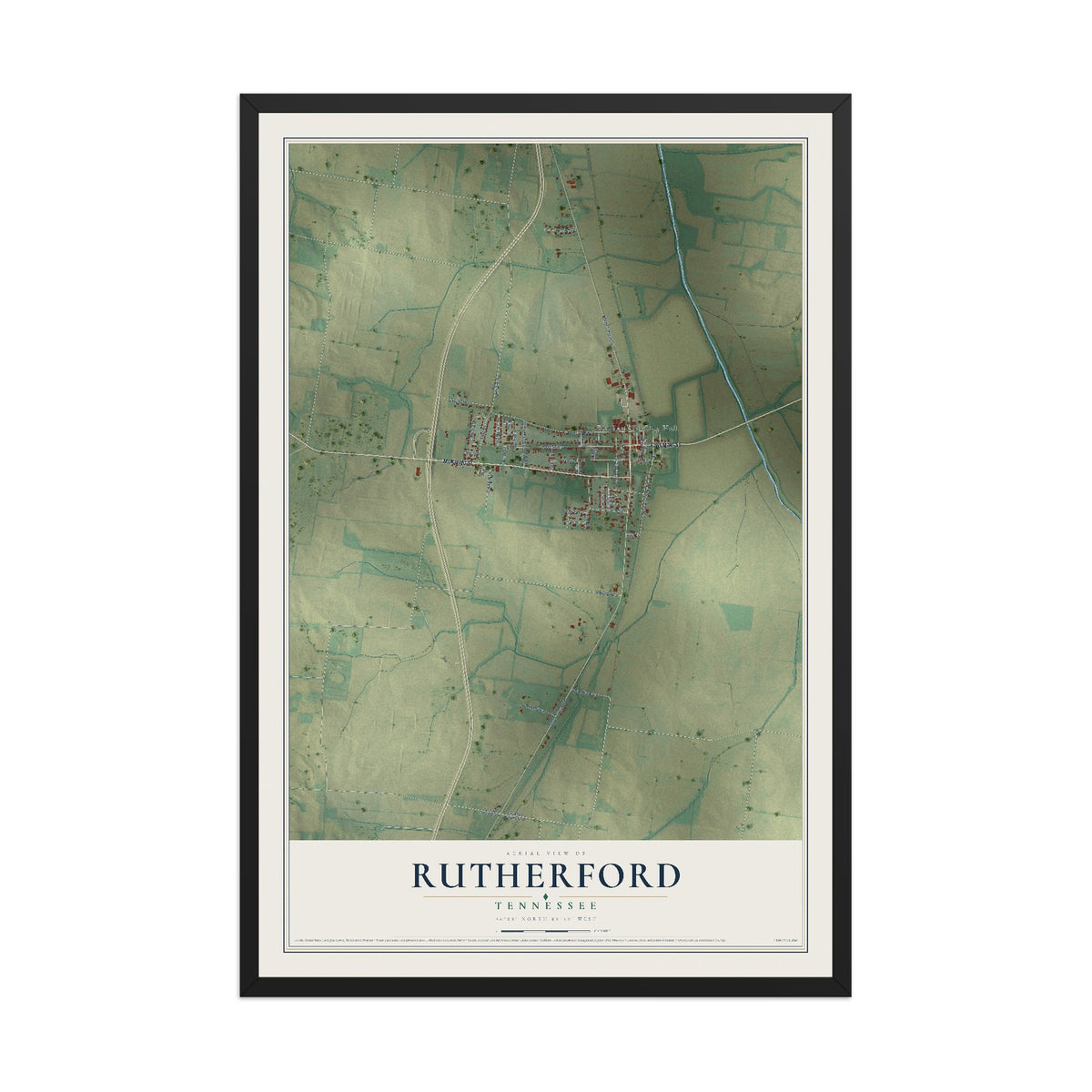 Map of Rutherford, Tennessee, 12 x 18 inch print in a black wood frame