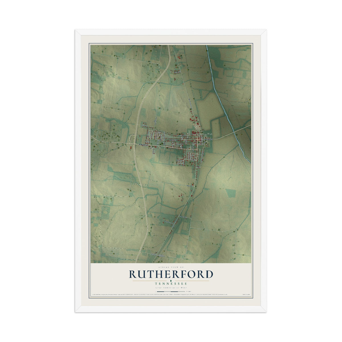 Map of Rutherford, Tennessee, 12 x 18 inch print in a white wood frame