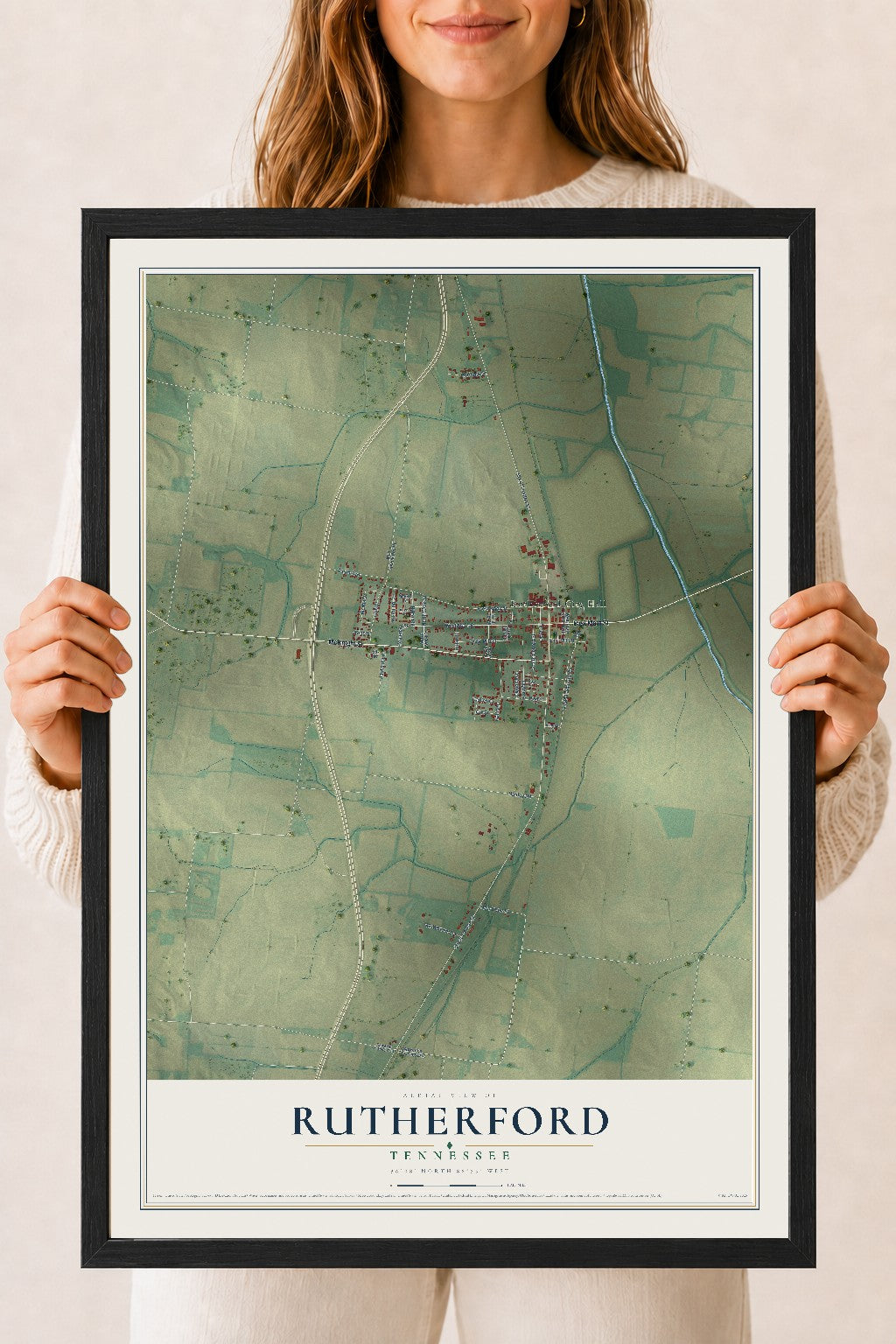 Map of Rutherford, Tennessee, 18 x 24 inch print in a black wood frame