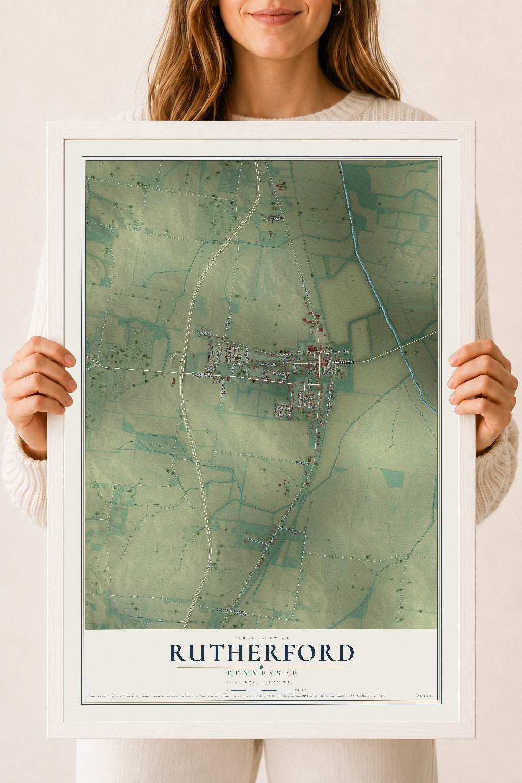 Map of Rutherford, Tennessee, 18 x 24 inch print in a white wood frame