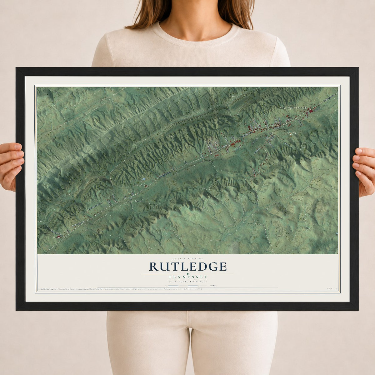 Map of Rutledge, Tennessee, 18 x 24 inch print in a black wood frame