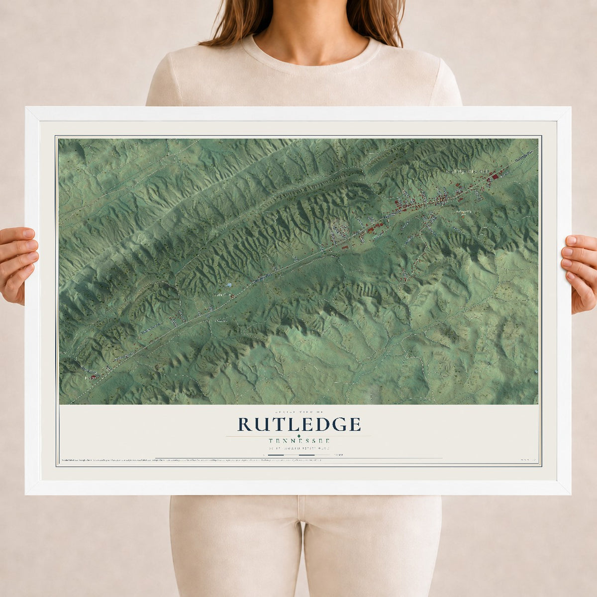 Map of Rutledge, Tennessee, 18 x 24 inch print in a white wood frame