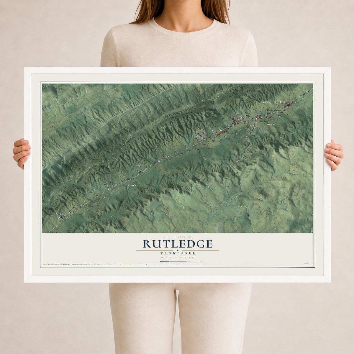 Map of Rutledge, Tennessee, 24 x 36 inch print in a white wood frame