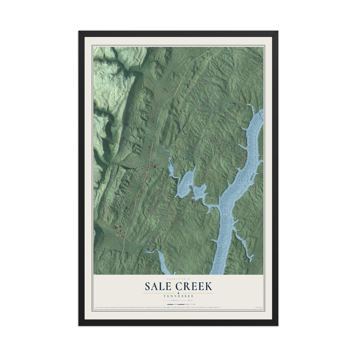 Map of Sale Creek, Tennessee, 12 x 18 inch print in a black wood frame