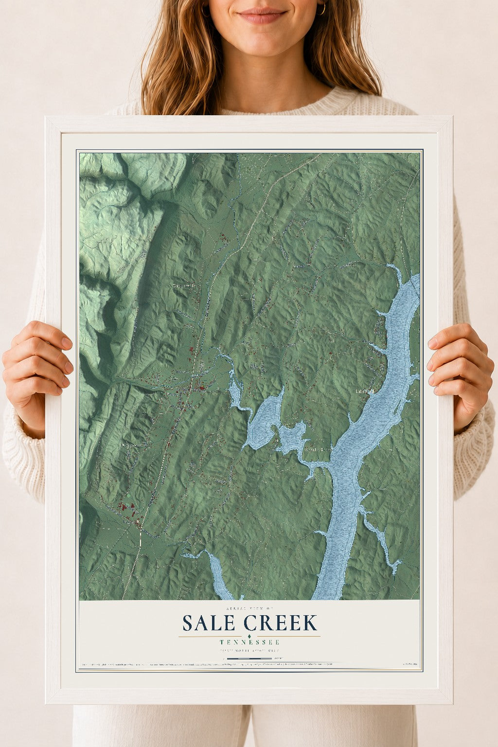 Map of Sale Creek, Tennessee, 18 x 24 inch print in a white wood frame