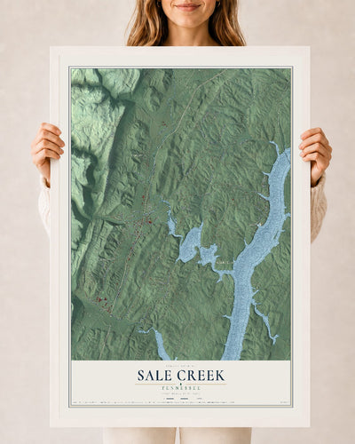 Map of Sale Creek, Tennessee, 24 x 36 inch print in a white wood frame