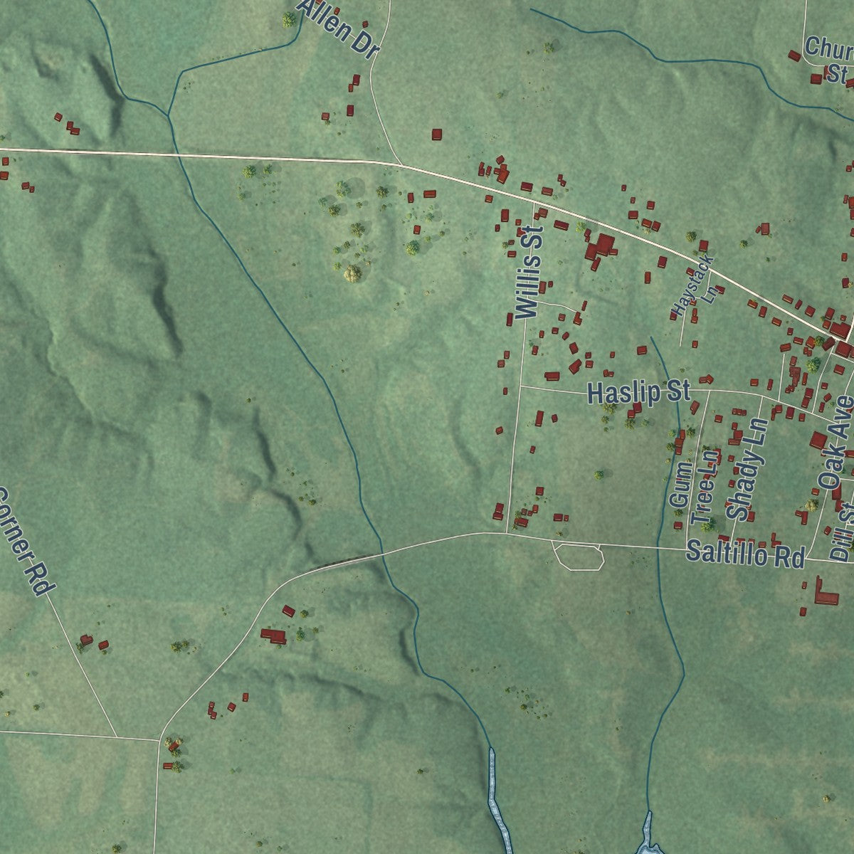 Second close-up of the map of Saltillo, Tennessee print showing more streets and buildings