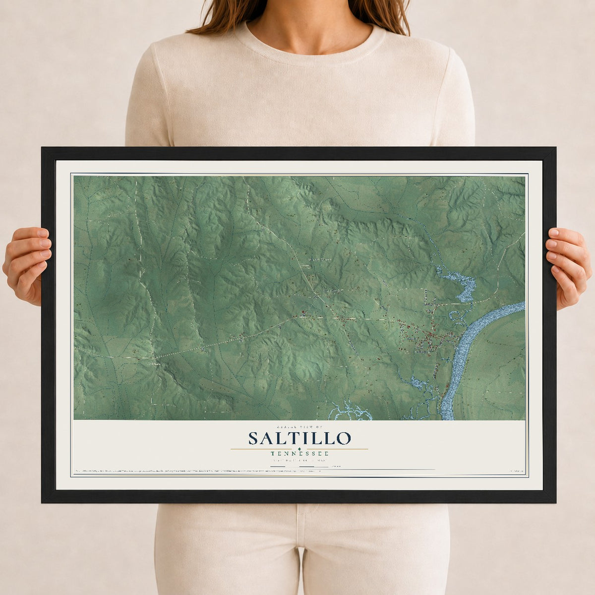 Map of Saltillo, Tennessee, 12 x 18 inch print in a black wood frame