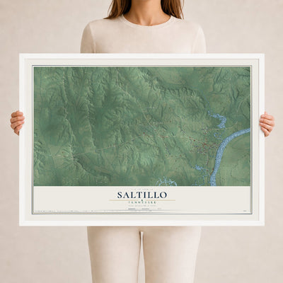 Map of Saltillo, Tennessee, 24 x 36 inch print in a white wood frame