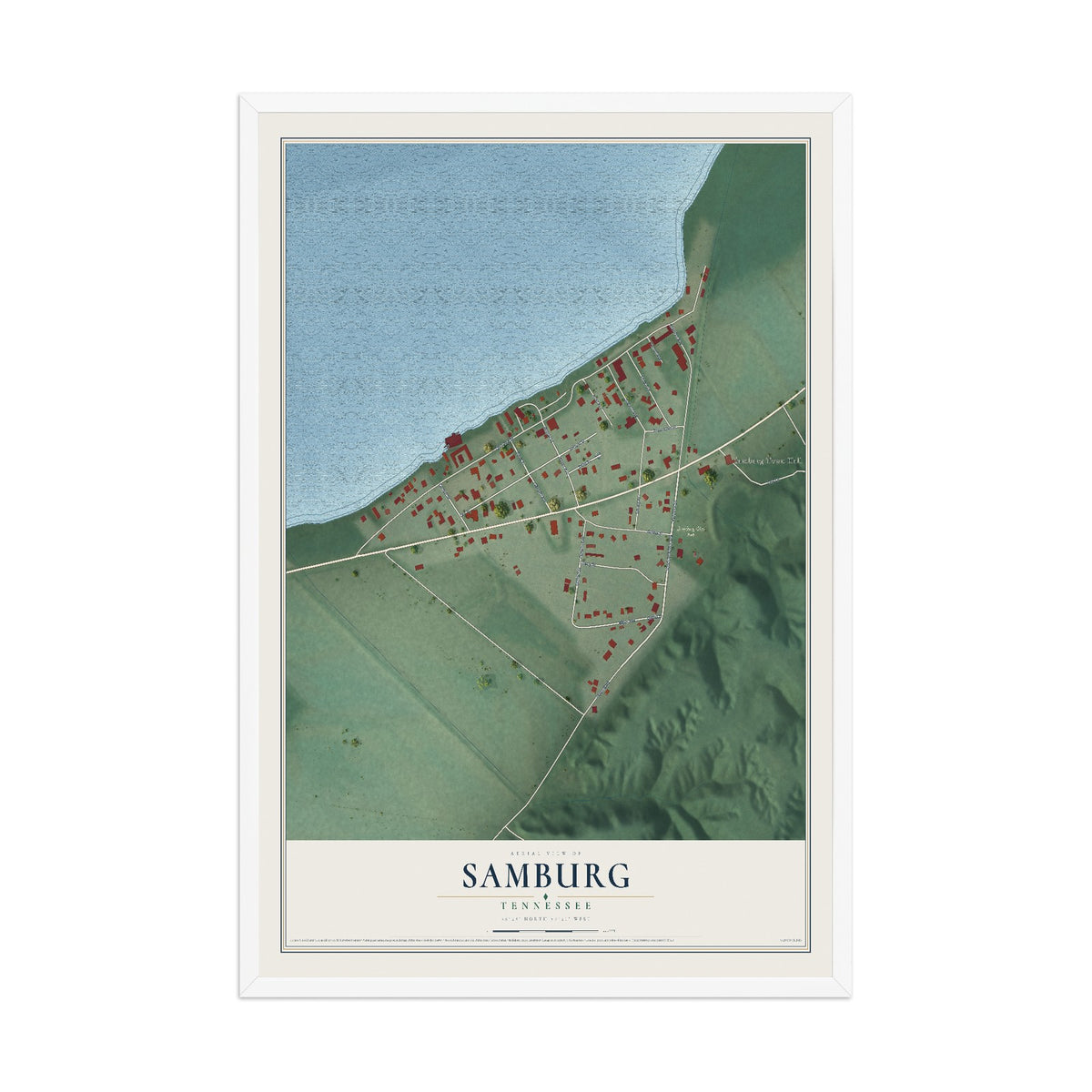 Map of Samburg, Tennessee, 12 x 18 inch print in a white wood frame