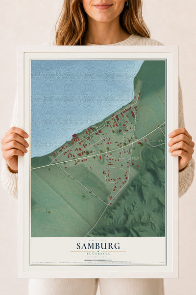 Map of Samburg, Tennessee, 18 x 24 inch print in a white wood frame