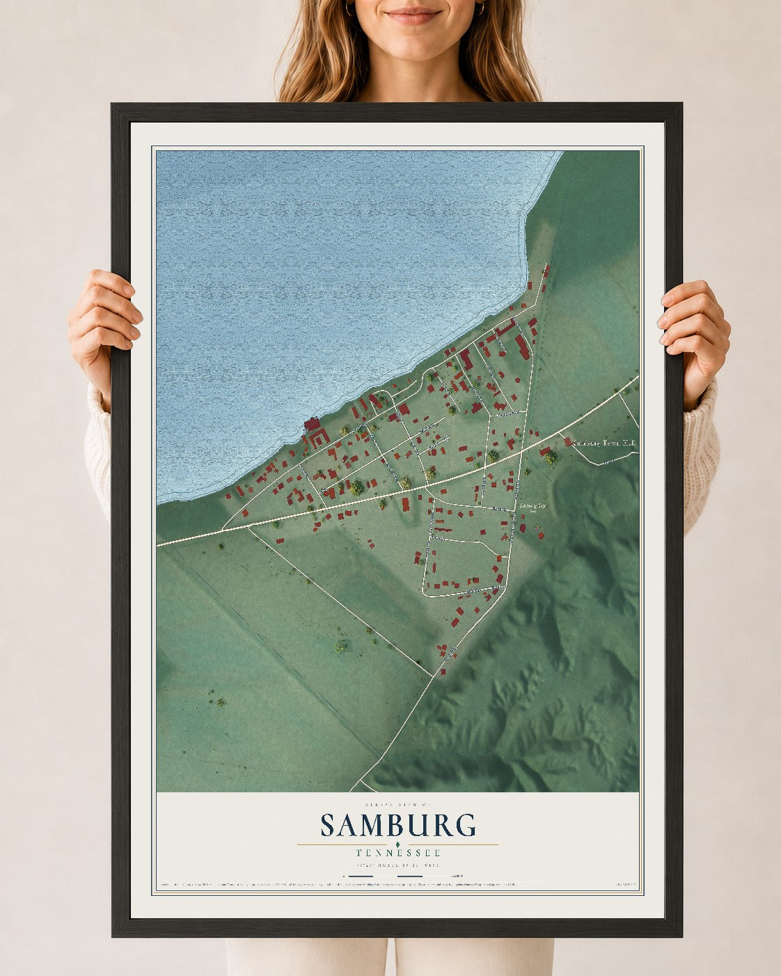 Map of Samburg, Tennessee, 24 x 36 inch print in a black wood frame