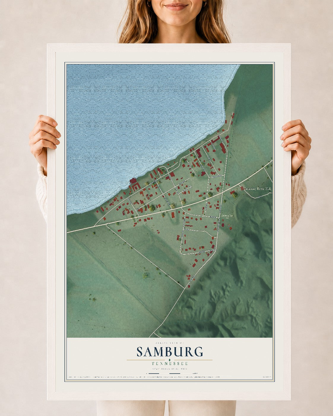 Map of Samburg, Tennessee, 24 x 36 inch print in a white wood frame