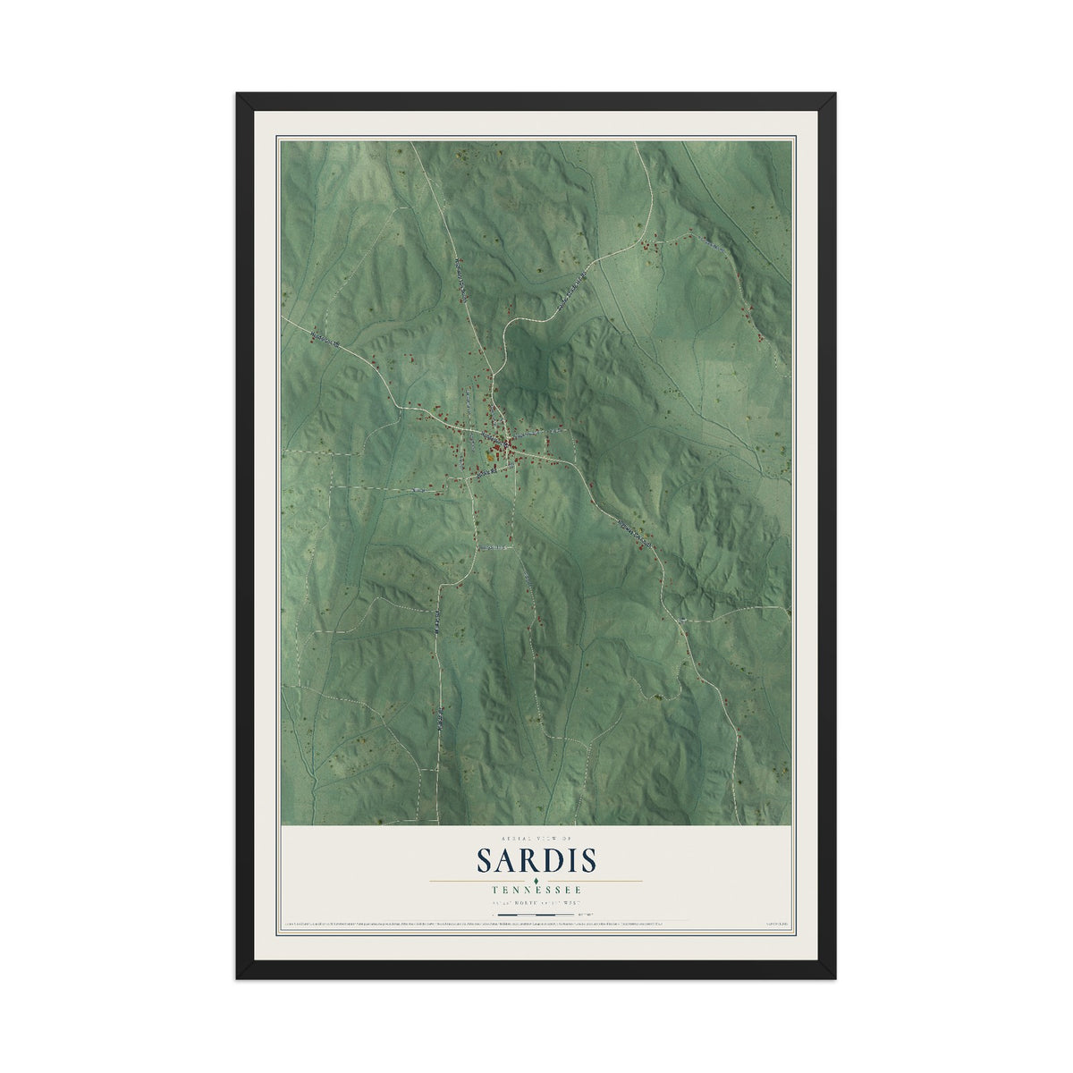 Map of Sardis, Tennessee, 12 x 18 inch print in a black wood frame